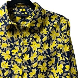 Lands End Navy Yellow Floral Longsleeve Button Up Blouse Size 12